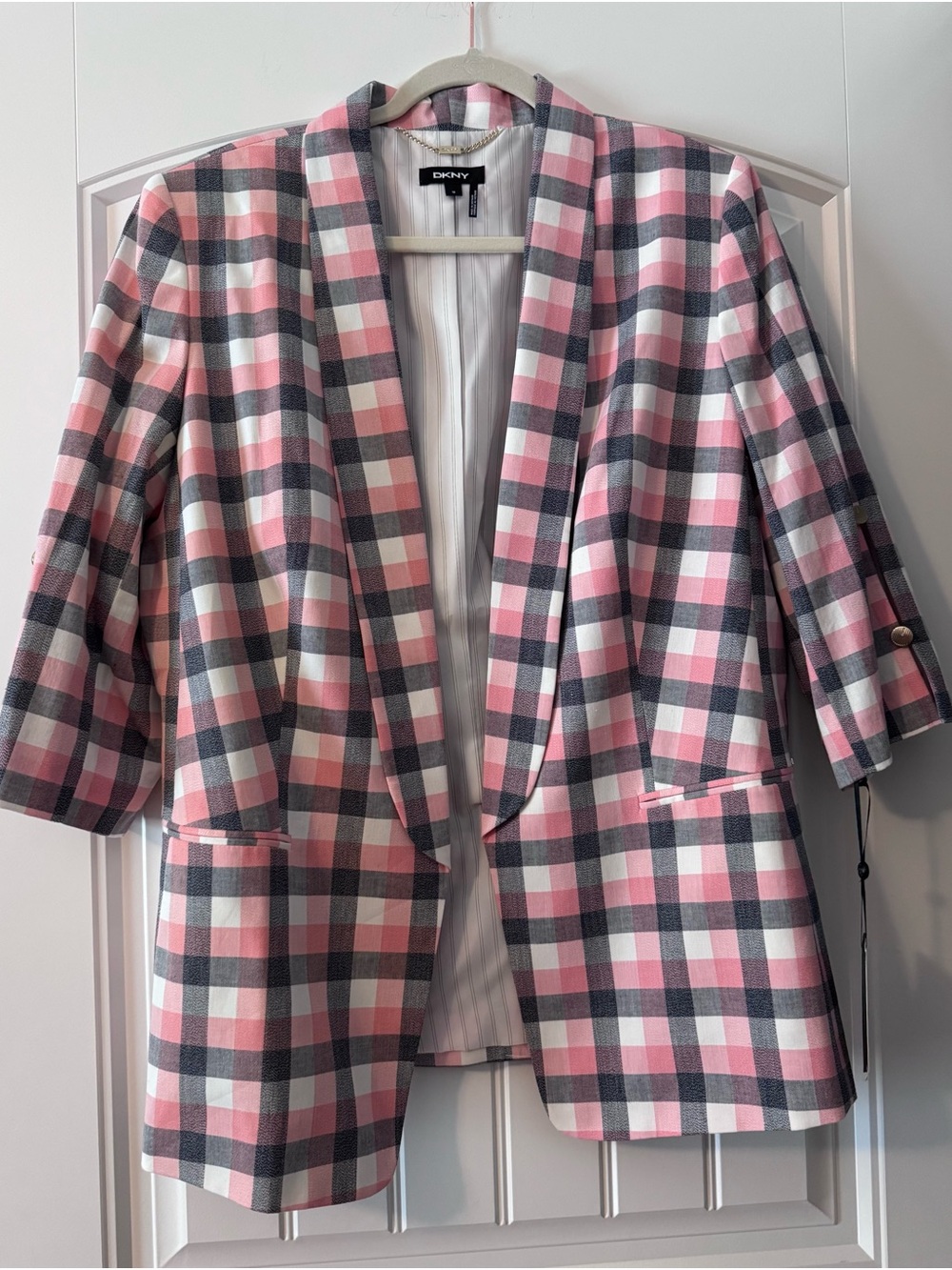 DKNY Pink Plaid Fully Lined 3/4 Sleeve Open-Front Blazer